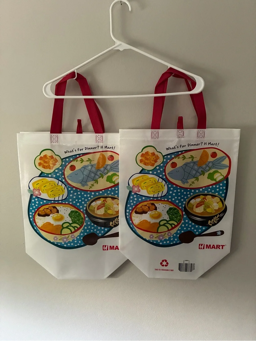 H Mart Reusable Grocery Tote Bag - White with Colorful Food Print